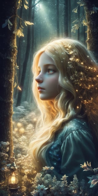 Ultra detailed illustration of a girl lost in a magical world full of wonders forest, highly detailed, digital art, art by Mschiffer, night, dark, 1girl,Holy light,1 girl, a girl named Rapunzel, (4 meters long hair:1.3), (glowing hair, luminesence blonde hair:1.2), 