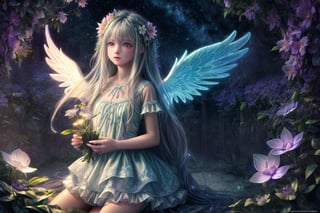 Ultra detailed illustration of an angel lost in a magical world full of wonders, unique luminous flora never seen before, highly detailed, pastel colors,  digital art, art by Mschiffer, night, dark, bioluminescence