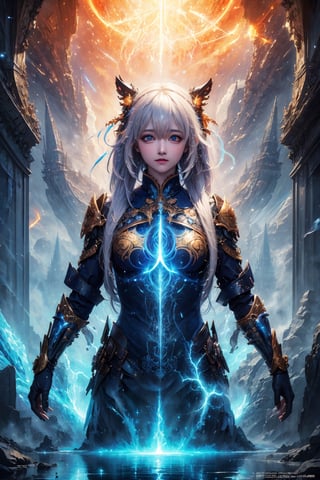 (masterpiece,  top quality,  best quality,  official art,  beautiful and aesthetic:1.2),  medium full shot, (1girl), young girl,  gorgeous goddess, extreme detailed, (abstract,  fractal art:1.3), long white hair, highest detailed,  detailed_eyes,  fire,  water,  ice,  lightning,  light_particles,  ,midjourney,fantasy00d,DonMDj1nnM4g1cXL 