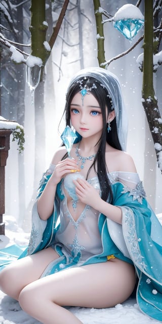 A beautiful veiled girl,  a magical ice with white skin and glowing blue crystalline , fantasy, snow, ice, digital art, a diminutive gently crying little wizard with tears as big as dew drops sitting in the rain on a leaf covered by moss, snowy forest background, tiny flowers, sparkling with frosty snow dew and snow drops, red orange and yellow colors through dappled sunlight,perfecteyes eyes, SFW, 


Xueer,hina