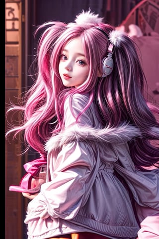 Music note background, 1girl, young girl, pink hair twin-tail, headset, (rabbit fluffy parka coat), Christmas, dynamic pose, box of gifts,masterpiece,<lora:659111690174031528:1.0>