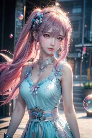 high quality, 8K Ultra HD, high detailed, masterpiece, A digital illustration of anime style, soft anime tones, Detailed illustration of many colorful soap bubbles falling from the sky on a beautiful woman, pale blue dress, colorful colors, colorful woman, pink hair, blue eye, luminism, three dimensional effect, enhanced beauty, Albert Anker, Kyoto Animation, Greg Rutkowski, Artgerm, WLOP, Alphonse Beeple, luminism, 3d render, octane render, Isometric, by yukisakura, awesome full color,midjourney