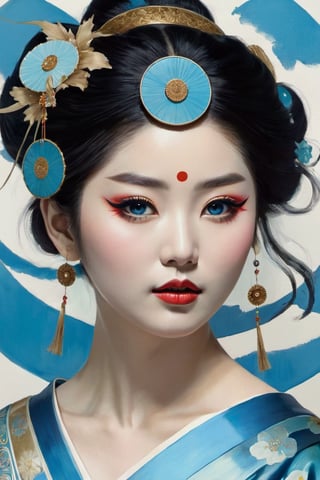 beautiful flamboyant Japanese Bollywood goddess, cyan blue circle on face, Lensed by Tim Walker, and painted by Hanna Yata, directed by Alphonse Mucha, details and composition by Julie Bell,Movie Still,greg rutkowski,OHWX WOMAN
