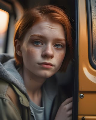 Photorealistic picture of a beautiful short ginger hairstyle homeless girl, sitting inside her opening door van home with a cup of take away coffe cup, hungry, try to stay positive in her uncertain future, sad eye, bokeh, shallow depth of field, late afternoon natural lighting fuses with neon city light