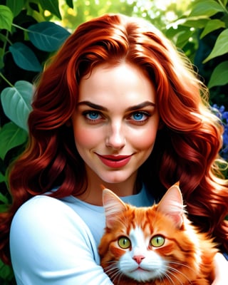 red-haired girl [Elizabeth II:Gal Gadot:0.45] with a full sized  red mainecoon cat, (best quality, masterpieces, ultra-detailed), beautiful detailed eyes, beautiful detailed lips, longeyelashes, vibrant colors, illustrative style, oil painting texture, flowing red hair, cozy garden background, soft sunlight, lively expression, joyful interaction with the cat, dynamic pose, realistic rendering.