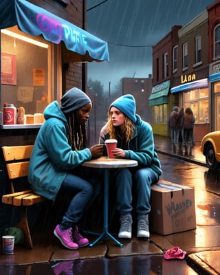 A cinematic illustration, masterfully rendered with Don Lawrence's color pencils and Octane render, captures the essence of two beautiful, homeless women in their own city. They sit in front of their makeshift camp on a rainy night, sipping takeaway coffee as they share a moment of respite. The pavement is lined with neighboring tents, and the vibrant graffiti on the wall of the abandoned grocery store reads "HOPE." The intricate details of street objects, nighttime lighting, and the high-resolution 4K image create an immersive and emotional scene. In the background, people wander amidst the rain, including an old black man playing blues on his guitar, adding a poignant touch to this powerful, high-resolution masterpiece., illustration, cinematic