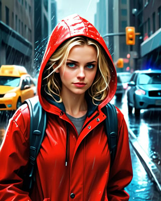 A picture of a modern brave and smart beautiful golden haired woman wears red jacket with hood walks in torrential rain confidently at the city sidewalk, bustling city with traffic jam when raining, with positive smirk, radiating her beauty in smart style, ultra sharp and crisp picture, a photo realistic illustration in Don Lawrence style, Studio Ghibli aesthetic, octane render
