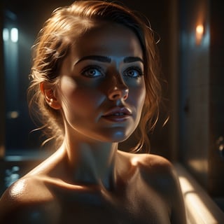 Woman bathed in ambient mysterious light, hyper-detailed textures, stunning realism, awarded-winning composition with perfect lighting, mind-blowing visual impact, cinematic, ultra-realistic.
