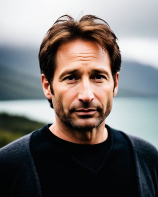 professional photo, closeup portrait photo of 30 yo caucasian [man:David Duchovny:0.1], wearing a black sweater, serious face, dramatic lighting, nature, gloomy, cloudy weather, bokeh