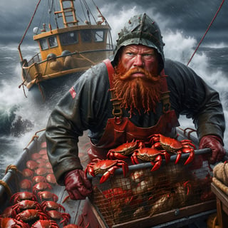 A realistic image of a large, muscular, bald crab fisherman in the Bering Sea with a red beard, wearing a dark red extreme weather sea fisherman's outfit, pulling a steel crab trap filled with crabs amidst a raging storm on the deck of his large sea vessel, an oil painting on canvas, photorealistic, very sharp and detailed,more detail XL
