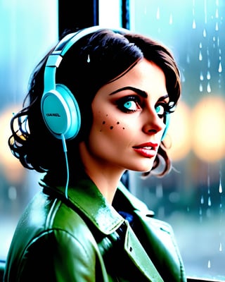 (masterpiece, photo-realistic, moody:1.5), a captivating portrayal of a girl [Sophia Loren:Mause Adams:0.45] with a chic black chanel bob, mesmerizing green eyes, and cute freckles on her cheeks, (lost in the world of music as she wears wifi headphones:1.5), her head resting against the windowpane, wearing a colorful winter coat, (a hint of melancholy reflected in her expression:1.3), raindrops decorating the window, with a soft, dim light illuminating the scene, (evoking a sense of introspection and emotion:1.3), Cinematic, Hyper-detailed, insane details, Beautifully color graded, Unreal Engine, DOF, Super-Resolution, Megapixel, Cinematic Lightning, Anti-Aliasing, FKAA, TXAA, RTX, SSAO, Post Processing, Post Production, Tone Mapping, CGI, VFX, SFX, Insanely detailed and intricate, Hyper maximalist, Hyper realistic, Volumetric, Photorealistic, ultra photoreal, ultra-detailed, intricate details, 8K, Super detailed, Full color, Volumetric lightning, HDR, Realistic, Unreal Engine, 16K, Sharp focus, Octane render --v testp