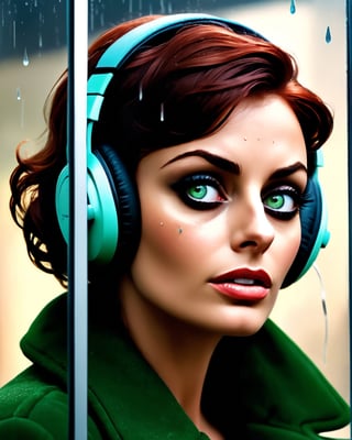 (masterpiece, photo-realistic, moody:1.5), a captivating portrayal of a girl [Sophia Loren:Mause Adams:0.45] with a chic black chanel bob, mesmerizing green eyes, and cute freckles on her cheeks, (lost in the world of music as she wears wifi headphones:1.5), her head resting against the windowpane, wearing a colorful winter coat, (a hint of melancholy reflected in her expression:1.3), raindrops decorating the window, with a soft, dim light illuminating the scene, (evoking a sense of introspection and emotion:1.3), Cinematic, Hyper-detailed, insane details, Beautifully color graded, Unreal Engine, DOF, Super-Resolution, Megapixel, Cinematic Lightning, Anti-Aliasing, FKAA, TXAA, RTX, SSAO, Post Processing, Post Production, Tone Mapping, CGI, VFX, SFX, Insanely detailed and intricate, Hyper maximalist, Hyper realistic, Volumetric, Photorealistic, ultra photoreal, ultra-detailed, intricate details, 8K, Super detailed, Full color, Volumetric lightning, HDR, Realistic, Unreal Engine, 16K, Sharp focus, Octane render --v testp