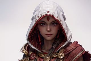 1 girl, whitebackground, smirk, hooded, red robes,photo of perfecteyes eyes