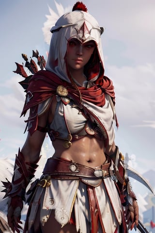 1 girl, whitebackground, smirk, hooded, red robes,photo of perfecteyes eyes, assassins creed, red robes, eagle, sword, arrow, abs, sexy