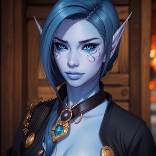 close up, 1 girl, blue skin, eye tattoos, Aria Bal, clothes, elf ears, collar, necless, spikes, 