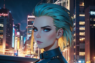 1 girl, blonde hair, blue hair, night city, looking_at_viewer