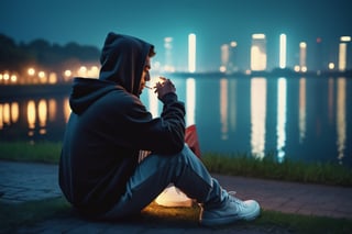 (masterpiece), best quality, high resolution, highly detailed, detailed background, perfect lighting, dark color, sad vibes, 1male, a guy sitting at grass at quiet place around water city as landscape, holding an cigarette, smoking, night, hoodie, upper body, up close, from side, More Detail, low key, dark tone