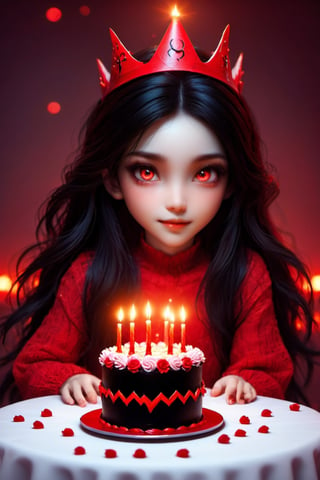 Masterpiece, best quality, ultra high res, ultra detailed, detailed face, detailed eyes, dark fantasy art, horror and dramatic, 14 years old girl, upper body, beautiful girl, cute, pale skin, long black hair, in ear hair, smile, (red big birthday cake at table), (holding an big black sign with (("DAYAT")), text logo, black, red, glowing, glow:1.3, with her hands, red glowing eyes, sitting at night castle, focus on viewer, front view, Movie Still, upper body, monster, text logo 