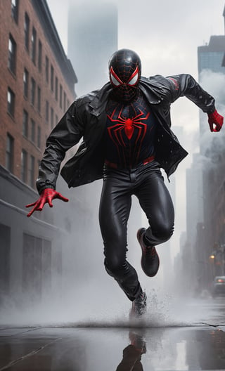A guy running at rooftop got chase by security office, black jacket, black spiderman, wet clothes, full body, wet reflection, rainy, smoke, city landscape background, front view, focus on viewer, photo real, ultra detailed, masterpiece, ultra high quality, ultra high resolution, ultra realistic, ultra reflection, ultra lighting, detailed background, dramatic lighting, low key, dark tone, 8K,HellAI