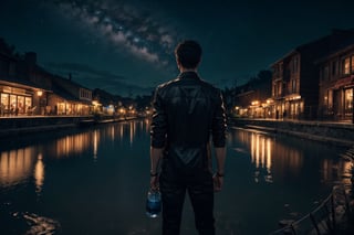 (masterpiece), best quality, high resolution, highly detailed, detailed background, perfect lighting, vivid colors, 1male, a guy standing around water city as landscape, holding an fence, realistic water reflection, night, midnight vibes, upper body, from behind, More Detail, low key, dark tone