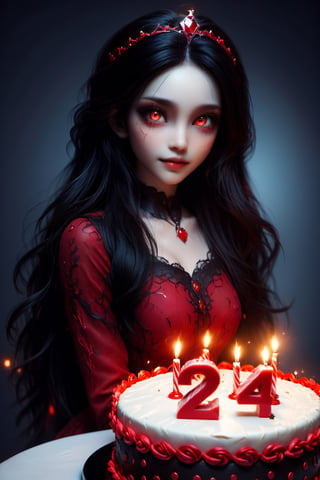 Masterpiece, best quality, ultra high res, ultra detailed, detailed face, detailed eyes, dark fantasy art, ((horror and dramatic)), 14 years old girl, upper body, beautiful girl, cute, (pale skin), long black hair, in ear hair, smile, (red big birthday cake at table), (holding a big black sign with (("24")), text logo, black, red, glowing, glow:1.3, with her hands, (red glowing eyes), sitting at night castle, focus on viewer, front view, Movie Still, upper body, monster,Text logo