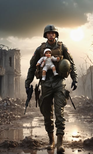 A guy walk at battlefield, outdoor, ruins city, upper body, military uniform, military helmet, carrying a doll, dirty outfit, Sunday, cloud, sun reflection, wet ground, after rain, front view, photo real, ultra detailed, masterpiece, ultra high quality, ultra high resolution, ultra realistic, ultra reflection, ultra lighting, detailed background, dramatic lighting, low key, dark tone 