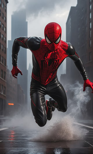 A guy running at rooftop, black jacket, black red spiderman, wet clothes, full body, wet floor, rainy, smoke, city landscape background, front view, focus on viewer, photo real, ultra detailed, masterpiece, ultra high quality, ultra high resolution, ultra realistic, ultra reflection, ultra lighting, detailed background, dramatic lighting, low key, dark tone, 8K,HellAI