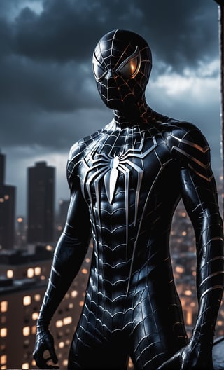 A guy standing at rooftop, black spiderman, Upper body, wet floor, front view, from below, photo real, ultra detailed, masterpiece, ultra high quality, ultra high resolution, ultra realistic, ultra reflection, ultra lighting, detailed background, dramatic lighting, low key, dark tone