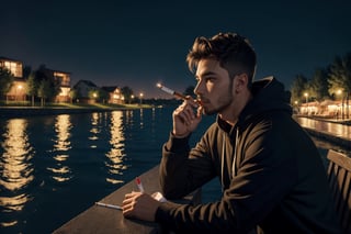 (masterpiece), best quality, high resolution, highly detailed, detailed background, perfect lighting, vivid colors, 1male, a guy sitting at grass at quiet place around water city as landscape, holding an cigarette, smoking, night, hoodie, upper body, up close, from side, More Detail, low key, dark tone