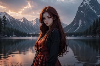 A raw photo of girl, masterpiece, ultra high res, ultra high quality, detailed face, detailed eyes, soft light, 1girl, (a girl standing at beside of the lake. (Night). Lake Village background), (close up), (face focus), (red eyes:1.3), (red hair:1.3), (long hair. In ear hair), (Beauitful face. Evil smile), (vampire dress), (focus on viewer. Front view. From below), dark shoot, muted color, low key, dark tone, ultra high quality, ultra high resolution, detailed background, 8k