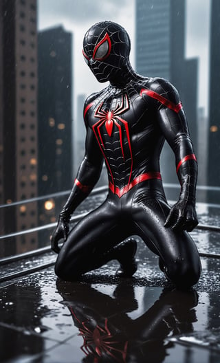 A guy standing at rooftop, black spiderman, Upper body, wet floor, rainy, water drop, front view, from below, city landscape background, photo real, ultra detailed, masterpiece, ultra high quality, ultra high resolution, ultra realistic, ultra reflection, ultra lighting, detailed background, dramatic lighting, low key, dark tone