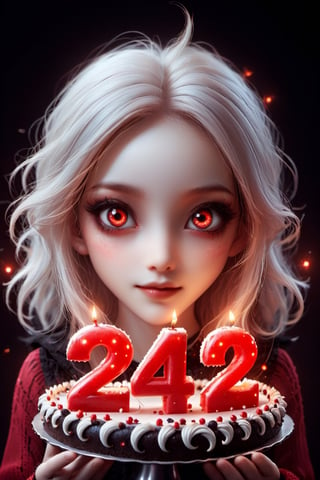 Masterpiece, best quality, ultra high res, ultra detailed, detailed face, detailed eyes, dark fantasy art, ((horror and dramatic)), 14 years old girl, upper body, beautiful girl, cute, (pale skin), long black hair, in ear hair, smile, (red big birthday cake at table), (black sign with (("24")), text logo, black, red, glowing, glow:1.3, (red glowing eyes), sitting at night castle, focus on viewer, front view, Movie Still, upper body, monster,Text logo