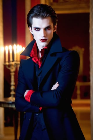 Masterpiece, high quality, ultra high res, detailed face, detailed eyes, (Louis de Pointe du Lac), a Vampire male, 24 year old, full body, (white eyes:1.3), pale skin, handsome, comma hair, stylish guy, very handsome, black outfit, small cute fangs, open mouth, bloods at mouth, blood melts, bloods at neck, sitting at chair at dark castle indoor, focus on viewer, front view,