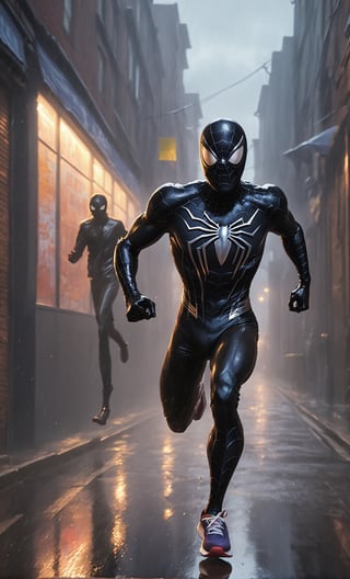 A guy running at alley got chase by an anime girl, black jacket, black spiderman, anime girl behind. Running too, full body, wet reflection, rainy day, detailed background, detailed around, front view, focus on viewer, photo real, ultra detailed, masterpiece, ultra high quality, ultra high resolution, ultra realistic, ultra reflection, ultra lighting, detailed background, dramatic lighting, 8K,HellAI