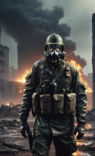 A guy standing at battlefield arena, outdoor, ruins city, upper body, military uniform, gasmask, dirty outfit, wet clothes, dark smoke, fire, rain, after nuclear, radio active, radiation city, wet ground, ruins particles, front view, focus on viewer, landscape background, photo real, ultra detailed, masterpiece, ultra high quality, ultra high resolution, ultra realistic, ultra reflection, ultra lighting, detailed background, dramatic lighting, low key, dark tone, 4K