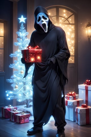 A guy standing at house, Christmas tree, Christmas decoration, ghost face mask, ghost face costume, glitter costume, (full body:1.3), Christmas hat, holding an gift, Blue lights, particles, beautiful, focus on viewer, front view, masterpiece, ultra high quality, ultra high resolution, detailed background, muted color, luts, low key, dark tone,ghostface mask,HellAI,3d render style