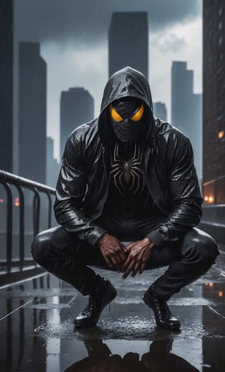 A guy squat at rooftop, outdoors, black venom, venomous, monster black spider, upper body, wet reflection, wet clothes, dark smoke, fire at city building, rain, front view, focus on viewer, city landscape background, photo real, ultra detailed, masterpiece, ultra high quality, ultra high resolution, ultra realistic, ultra reflection, ultra lighting, detailed background, dramatic lighting, low key, dark tone, 8K