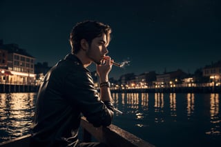 (masterpiece), best quality, high resolution, highly detailed, detailed background, perfect lighting, vivid colors, 1male, a guy sitting at quiet place around water city as landscape, holding an cigarette, smoking, realistic water reflection, night, midnight vibes, upper body, up close, from side, More Detail, low key, dark tone