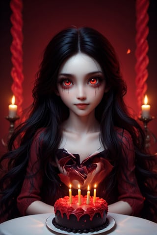 Masterpiece, best quality, ultra high res, ultra detailed, detailed face, detailed eyes, dark fantasy art, ((horror and dramatic)), 14 years old girl, upper body, beautiful girl, cute, (pale skin), long black hair, in ear hair, smile, (red big birthday cake at table), (holding a big black sign with (("DAYAT")), text logo, black, red, glowing, glow:1.3, with her hands, (red glowing eyes), sitting at night castle, focus on viewer, front view, Movie Still, upper body, monster,Text logo