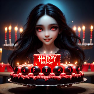 Masterpiece, best quality, ultra high res, ultra detailed, detailed face, detailed eyes, dark fantasy art, ((horror and dramatic)), 14 years old girl, upper body, beautiful girl, cute, (pale skin), long black hair, in ear hair, smile, (red birthday cake at table), (holding a big black sign with (("HAPPY BIRTHDAY DAYAT")), text logo, black, red, glowing, glow:1.3, with her hands, (red glowing eyes), sitting at night castle, focus on viewer, front view, Movie Still, upper body, monster,Text logo