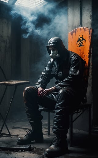 A guy sitting at chair in ruins prison, biohazard ☣️, PPE clothes, full body, bloody outfit, smoke, bloody around, spooky prison, spooky around, masterpiece, ultra high quality, ultra high resolution, ultra realistic, ultra reflection, ultra lightening, detailed background, dramatic lightening, dark tone, low key, 16k