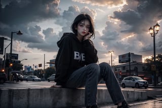 A raw photo of girl, masterpiece, ultra high res, ultra high quality, detailed face, detailed eyes, soft light, 1girl, (a girl sitting alone beside street. Dark clouds). (close up), (face focus), (black hair:1.3), (short hair. In ear hair), (Beautiful face. Crying. Tears. Sadness), (hoodie. Jeans), (focus on viewer. Front view. From below), dark shoot, muted color, low key, dark tone, ultra high quality, ultra high resolution, detailed background, 8k