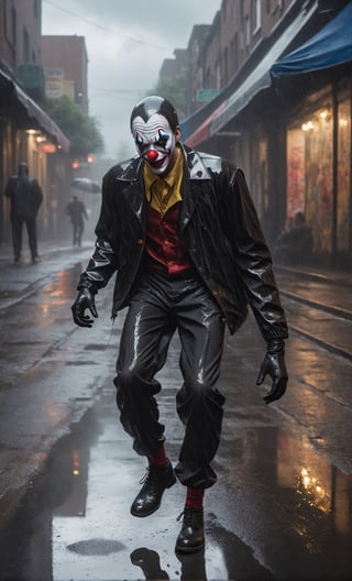 A guy fighting with crazy clown at quiet alley, black jacket, black spiderman, crazy clown costume, people looking at this, full body, wet reflection, rainy day, detailed background, detailed around, front view, focus on viewer, photo real, ultra detailed, masterpiece, ultra high quality, ultra high resolution, ultra realistic, ultra reflection, ultra lighting, detailed background, dramatic lighting, 8K,HellAI