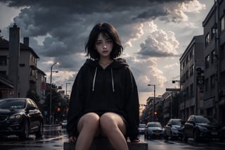 A raw photo of girl, masterpiece, ultra high res, ultra high quality, detailed face, detailed eyes, soft light, 1girl, (a girl sitting alone beside street. Dark clouds. Storm). (close up), (face focus), (up close), (black hair:1.3), (short hair. In ear hair), (Beautiful face. Crying. Tears. Sadness), (hoodie), (focus on viewer. Front view. From below), dark shoot, muted color, low key, dark tone, ultra high quality, ultra high resolution, detailed background, 8k