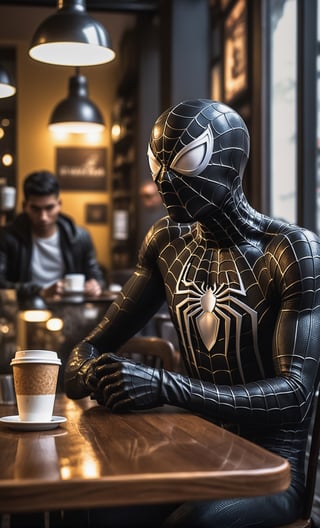 A guy sitting at chair in caffe shop, black spiderman, Upper body, coffee at table, rainy, people around, focus on viewer, front view, from below, photo real, ultra detailed, masterpiece, ultra high quality, ultra high resolution, ultra realistic, ultra reflection, ultra lighting, detailed background, dramatic lighting, low key, dark tone