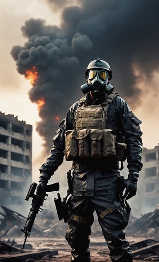 Duo guy standing at battlefield arena, holding an assault rifle, outdoor, ruins city, upper body, military uniform, gasmask, dirty outfit, wet clothes, dark smoke, fire, rain, after nuclear, radio active, radiation city, wet ground, fire particles, front view, focus on viewer, ruins landscape background, photo real, ultra detailed, masterpiece, ultra high quality, ultra high resolution, ultra realistic, ultra reflection, ultra lighting, detailed background, dramatic lighting, low key, dark tone, 8K
