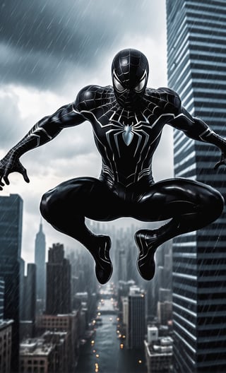 A guy jumping on high building on the edge of building, black spiderman, Upper body, rainy, water drop, front view, from below, city landscape background, photo real, ultra detailed, masterpiece, ultra high quality, ultra high resolution, ultra realistic, ultra reflection, ultra lighting, detailed background, dramatic lighting, low key, dark tone