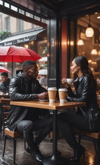 A guy sitting at chair in caffe shop with woman too, black spiderman, Upper body, coffee at table, rose flower at table, rainy day, people around, focus on viewer, front view, from below, photo real, ultra detailed, masterpiece, ultra high quality, ultra high resolution, ultra realistic, ultra reflection, ultra lighting, detailed background, dramatic lighting, low key, dark tone