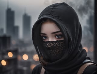 A raw photo of girl, masterpiece, ultra high res, ultra high quality, detailed face, detailed eyes, soft light, 1girl, (black and white photo), (a girl standing at broken modern city after war. Smoke. Dark background. Night). (Close up), (black hair:1.3), (long hair. ((Wearing balaclava. balaclava mask)), (Crying. Tears. Sadness), (hooded), (focus on viewer. Side view. From below), dark shoot, muted color, low key, dark tone, ultra high quality, ultra high resolution, detailed background, 8k,More Detail,more detail XL