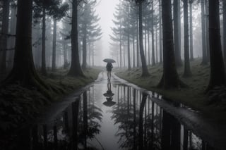 Masterpiece, ultra high res, ultra high quality, from below, a girl walking at quiet road around the forest, from behind, rainy day, fog, ultra detailed, dramatic lighting, ultra realistic, ultra reflection, ultra detailed, aesthetic, low key, dark tone, 8k